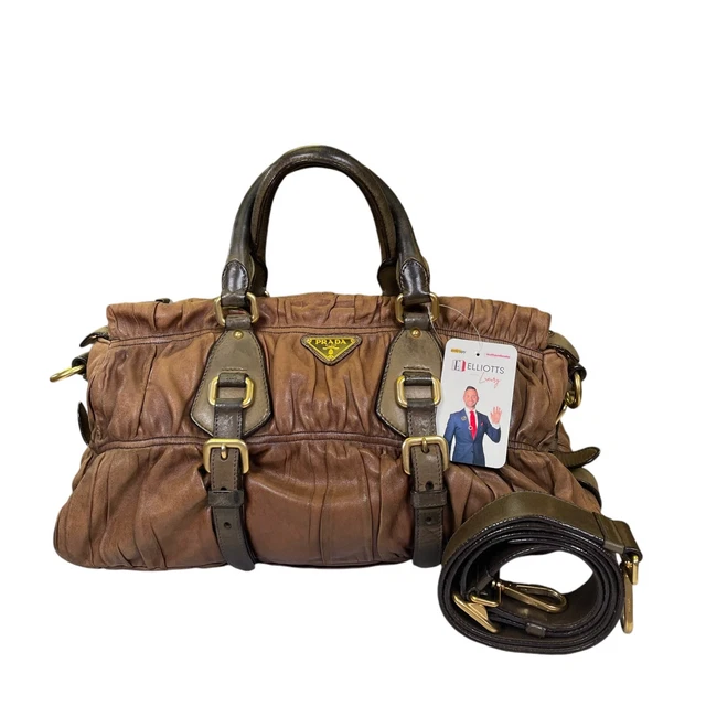 Prada Gauffre Brown Two Toned Leather Distressed Gathered 2 Way Satchel Purse