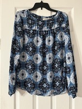 Ann Taylor LOFT Patterned Medallion Tunic Blue Blouse Long Sleeve  Medium