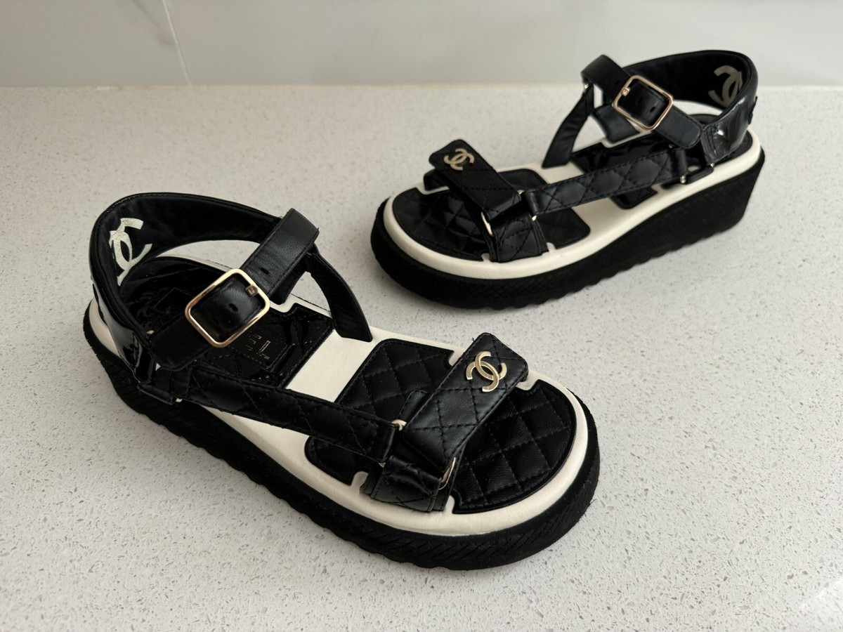 Chanel Lambskin Logo Platform Sandals 37 Black White 22P | eBay Chanel Lambskin Logo Platform Sandals 37 Black White 22P | eBay