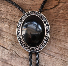 Black Agate Mens Bolo Tie Wedding Necklace PU Leather Rope Western Cowboy Style