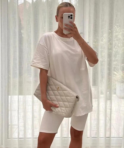 Ladies Oversize Slit Tshirt Cycling Short Co Ord Womens LoungeWear Tracksuit Set - Picture 12 of 25