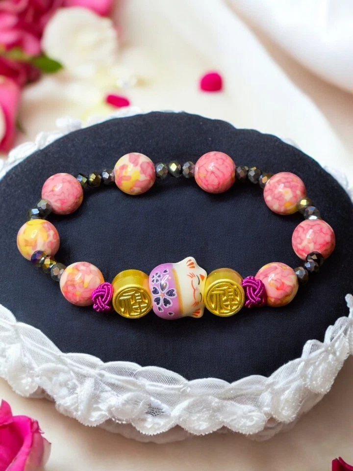 Pulsera con piedras curativas. Prosperidad. Gato de porcelana afortunado. Ajustable. Foto 4 de 4