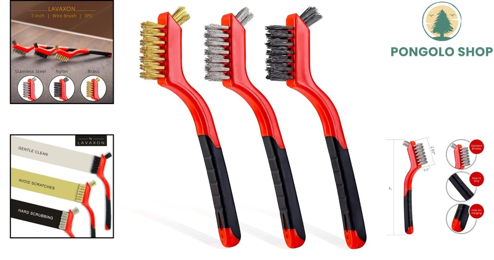 Juego de cepillos de alambre multiusos, 7 pulgadas con asas curvas - latón, nailon y acero Foto 2 de 4