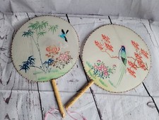 Lot 2 Vintage Hand Painted EXOTIC BIRD Silk Asian Bamboo Handled Fans Art READ