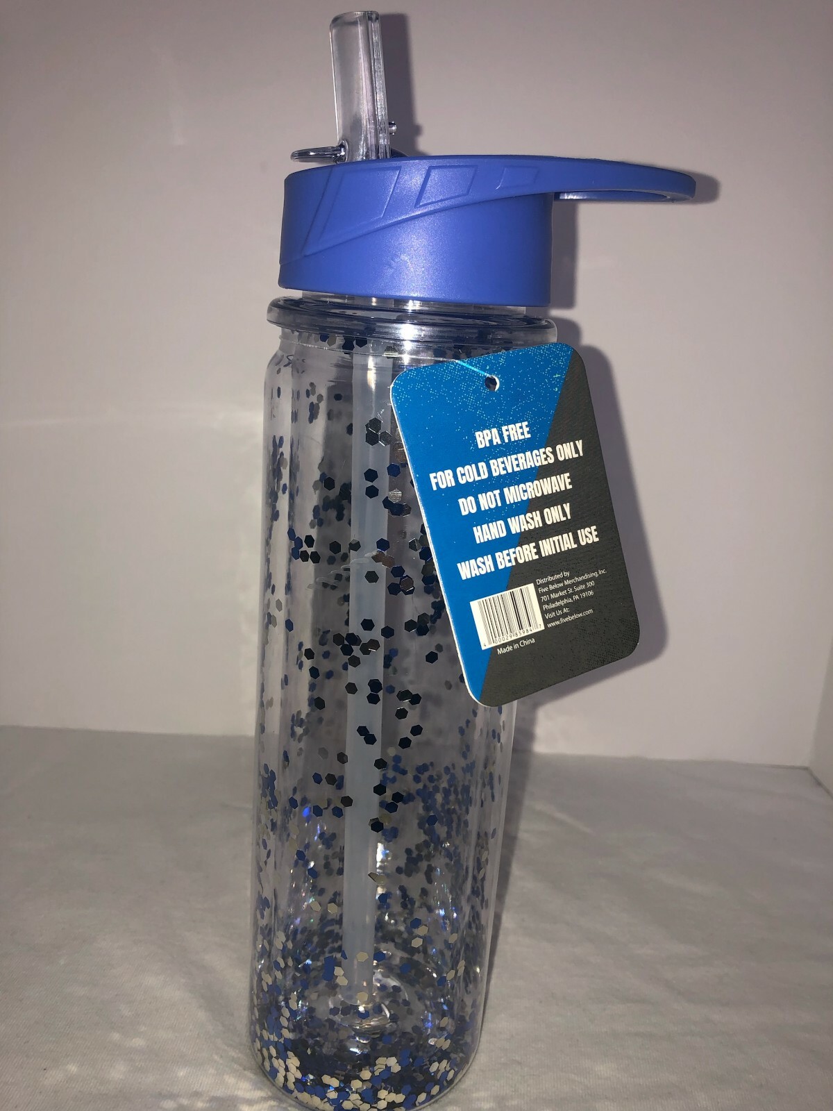 Sports Water Bottle 15 oz With Silver And Blue Glitter Sequins