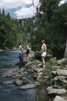 35mm Slide 1950s Red Border Kodachrome Women Edge of Salmon River Yankee Fork