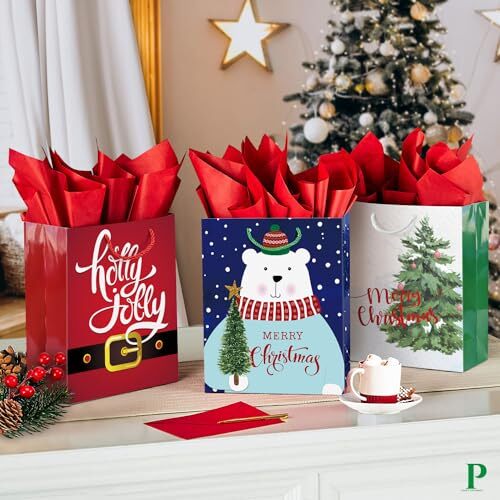 24 große Weihnachtsgeschenktüten Großpackung mit Griffen, 26 Seidenpapier und 60 Stück - Bild 3 von 6
