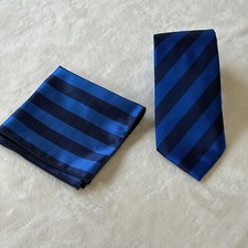 Silk Designer 58" Necktie  Matching Pocket Square Set Blue  Black Striped