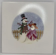 Ceramic Trivet Snowman Christmas Winter Cork Bottom White 7.5"x7.5" Square