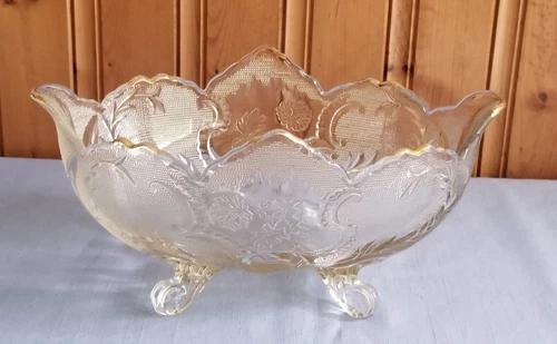Vintage Jeanette Lombardi Floral Etched Footed Oval Glass Console Bowl Gold Trim