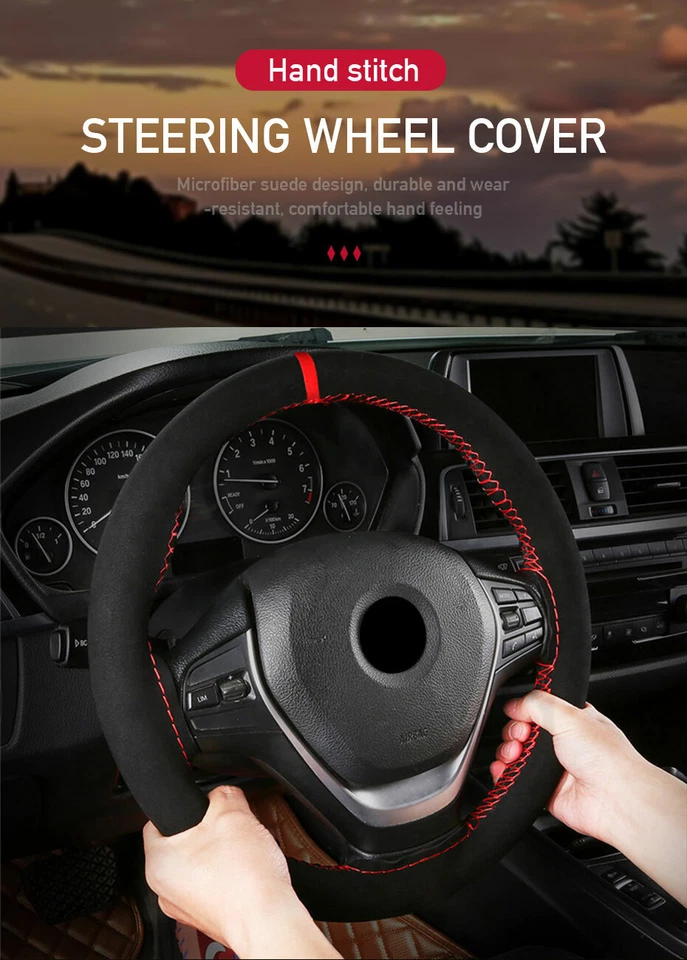 Red Suede Leather Braid Steering Wheel Cover Interior Protector w/Needle Thread - Изображение 2 из 4
