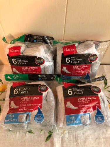 Lot of 4 Packs of Hanes Men's Cushion Ankle Socks in White Size:6-12 ~ 24 Pairs - Picture 1 of 4