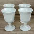 Vintage Milk Glass White Pedestal Water Goblets Harvest Grape Pattern Set of 4