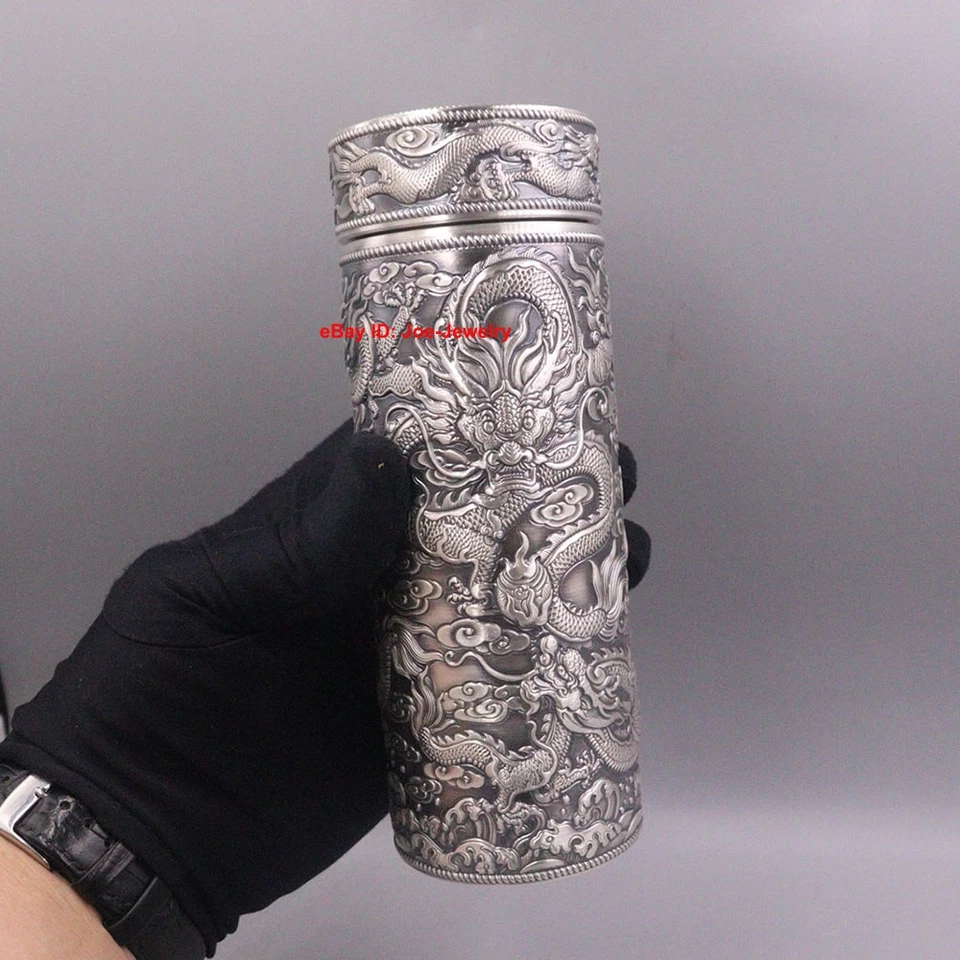 Botella de agua de plata fina sólida 999 aislamiento térmico botella patrón nueve dragones Foto 2 de 4
