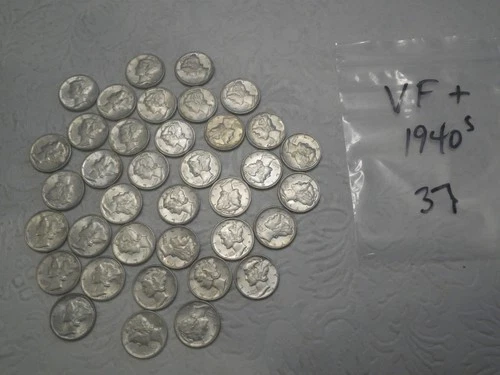 Lot of (37) Silver US Liberty Mercury Dimes 1940's Very Good Very Fine ?