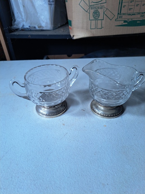 E G Webster & Son Antique Sterling Base And Cut Glass Creamer And Sugar