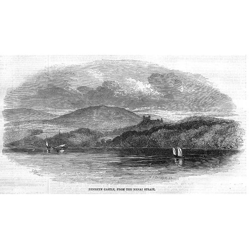 BANGOR Penrhyn Castle from the Menai Strait - Antique Print 1859