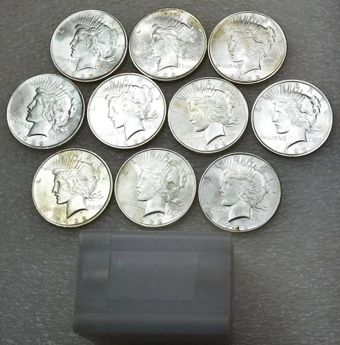 1922 Peace Silver Dollar BU Half Roll of 10 Frosty White coins in tube #K441