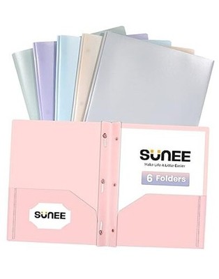  3-Prong Plastic Folders with Pockets (6 Pack, Pastel Multicolored 2 6-Pack