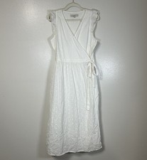 LOFT Floral Embroidered White Wrap Dress Tie Waist Beachy Coastal Womens M