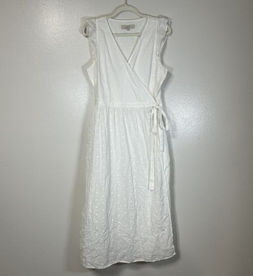 LOFT Floral Embroidered White Wrap Dress Tie Waist Beachy Coastal Womens M