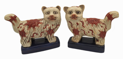 Pair of Vintage Brown and White Staffordshire Style Cats on Blue Bases Ceramic - Picture 1 of 14