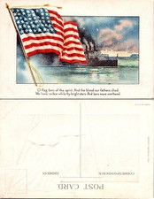 Vintage Patriotic Postcard American Flag Battleship Poem Made in USA Unused