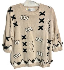 CHAUS Geometric Sweater Sz M Vintage Hongkong Buttons Cotton Embroidery 90s Y2K