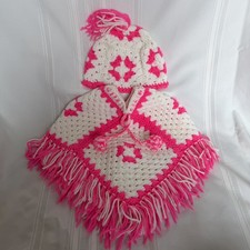 Vintage Handmade Hot Pink  White Crochet Poncho Shawl with Hat Child Size 2-5