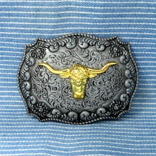 Western Steer Head Belt Buckle Cowboy Floral Scroll Cowgirl Vtg 90s .GTA642