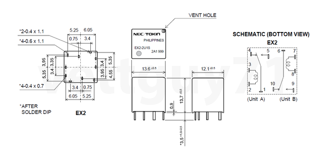 NEC Tokin EX2-N25 (EX2-2U1S) Dual SPDT Relay, 12V, 30A, TIPM-7 for ...