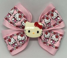 Girls Hair Bow 4" Wide Hello Kitty Flowers Pink Ribbon Flatback PonyTail Holder