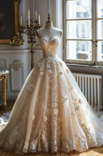 Vintage Light Champagne Wedding Dresses with 3D Flowers Lace Appliques Bridal