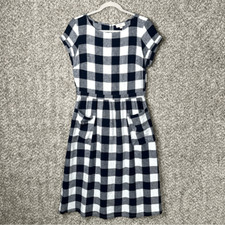 Loft Dress Women’s MP Navy Blue & White Gingham Plaid Linen Blend Midi
