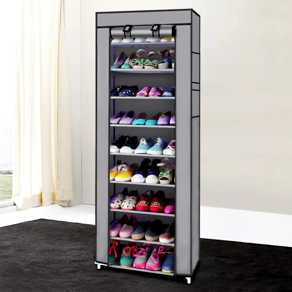 Portable Shoe Rack Home 9Shelf Shoes Storage Closet Organizer Cabinet + Cover - Image 4 of 4