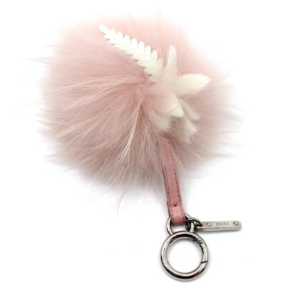 Authentic FENDI Fur Charm Key Ring Key Chain Pink Pom Pom leather flower  7AR259