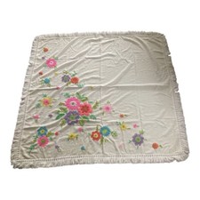 Vintage Canary Islands Embroidered Yarn Vibrant Floral Shawl Blanket 56  