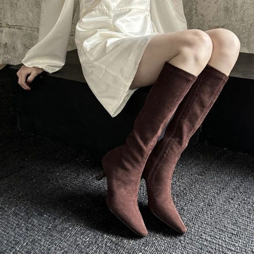 Womens Suede Square Toe Kitten Heel Stretched Knee Length Boots Chic Shoes - Bild 6 von 17