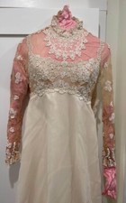 Vintage 1960  s High Neck Wedding Dress Lace Applique Long Sleeve Bridal Gown