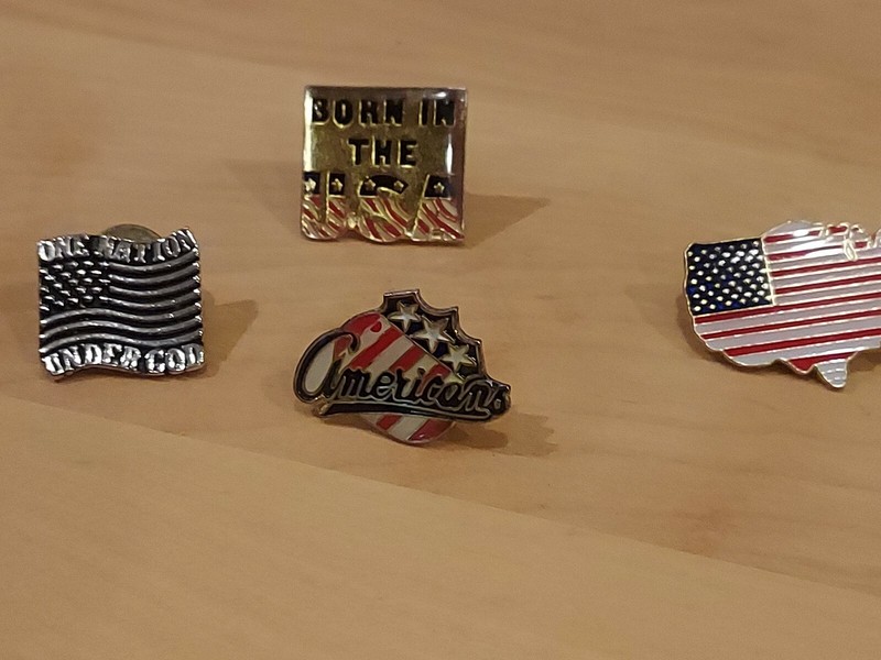 Four Patriotic Pins. "One Nation Under God"  "Born in the USA" Americans, Flag