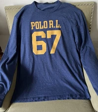 RALPH LAUREN Mens LARGE Shirt RL 67 Graphic Blue Yellow TEE LONG SLEEVE