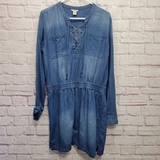 Guess Blue Denim Smocked Jumper Size L Lightweight Criss Cross Neck Preppy Retro