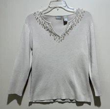 VTG Field Gear Christmas Sweater Beige Beaded V Neck Holiday Knit Retro Festive