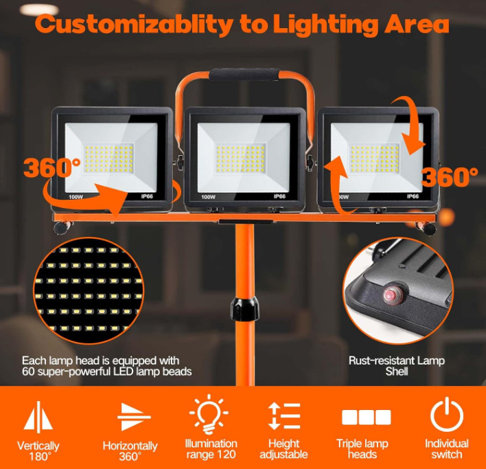 21000 Lumen LED Work Light with Stand, 3 Adjustable Heads, Foldable Tripod, 6500