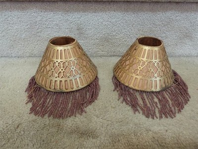 2 ANTIQUE Victorian Pierced Metal Peg Lamp Shades with Beaded Inserts LHE