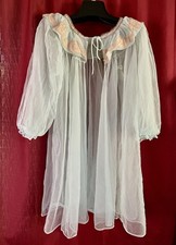 Lisette Medium Light Blue Sheer Chiffon Peignoir Baby Doll Robe Beige Lace Trim