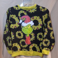 Dr. Seuss Grinch Sweatshirt Santa Hat Wreaths Black Adult Small EUC