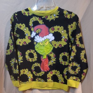 Dr. Seuss Grinch Sweatshirt Santa Hat Wreaths Black  Adult Small EUC