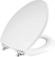 Bennett Toilet Seat with Chrome Hinges, Slow Close Wood Seat, Secure Metal Hinge