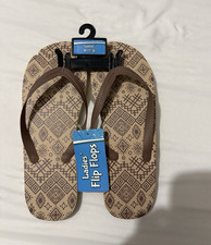 Women's Brown/Beige Geometric Flip Flop Sandals Slip-On Synthetic US 7/8